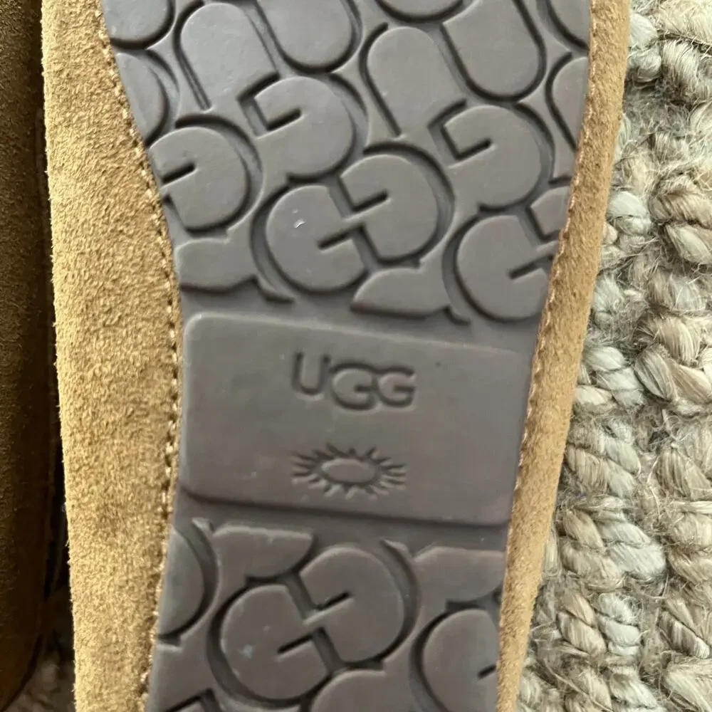 UGG Kids Suede Moccasin Slippers Brown Shearling Lined Shoes Size 1 EUC
